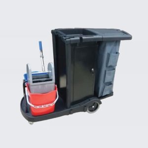 R35 Black Janitor Cart c/w Double Bucket + Cabinet + Multipurpose Bag